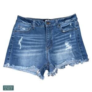 Wax Jean Distressed Denim Shorts Mid Rise Raw Hem Sporty Off Duty Casual Large